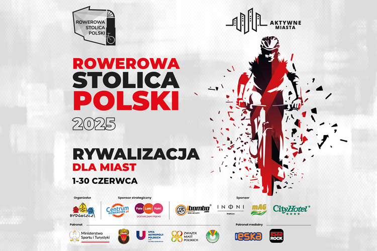 plakat z napisem: Rowerowa Stolica Polski 2025, rywalizacja dla miast, 1-30 czerwca
